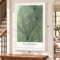Plattsville, Connecticut map, 24 x 36 inch print in a white frame by a staircase
