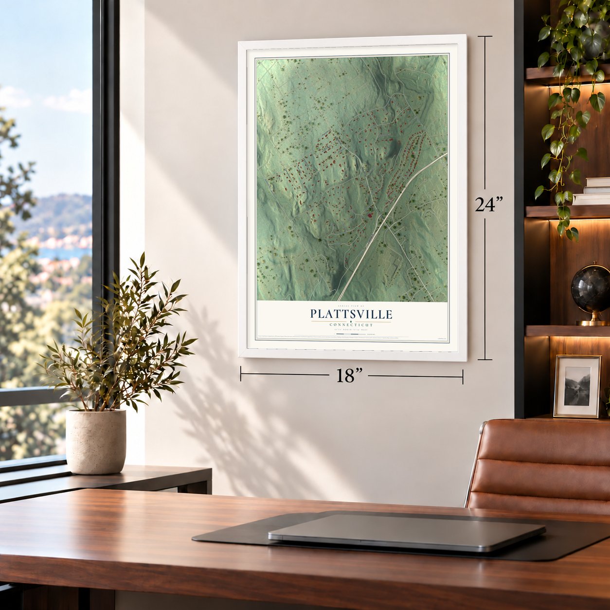 Plattsville, Connecticut map, 18 x 24 inch print in a white frame in a home office