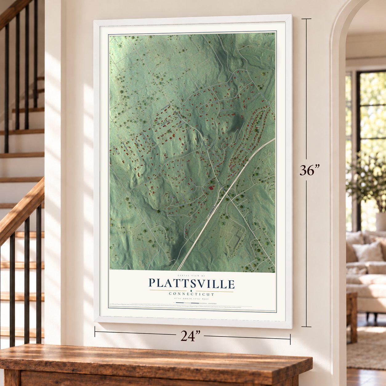 Plattsville, Connecticut map, 24 x 36 inch print in a white frame by a staircase