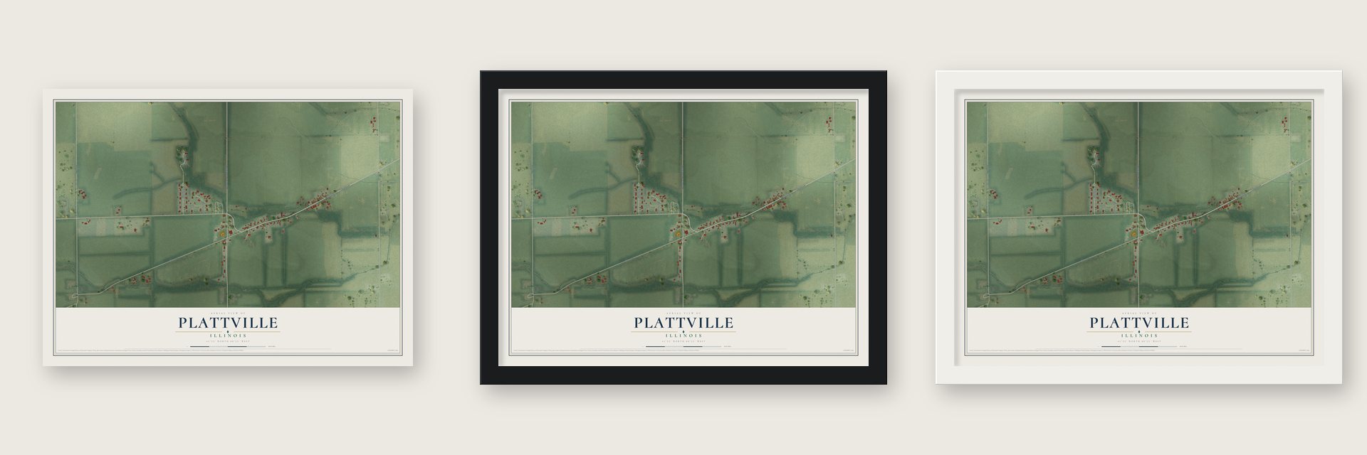 Plattville, Illinois map unframed, in a black wood frame and in a white wood frame