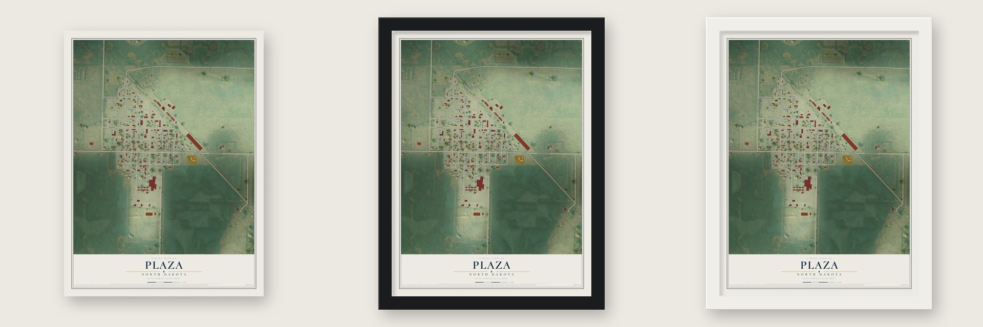 Plaza, North Dakota map unframed, in a black wood frame and in a white wood frame