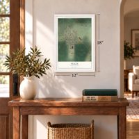 Plaza, North Dakota map, 12 x 18 inch print in a white frame in an entryway