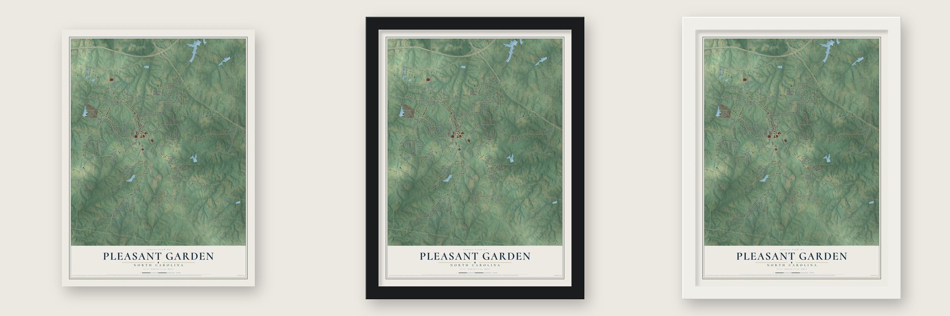 Pleasant Garden, North Carolina map unframed, in a black wood frame and in a white wood frame