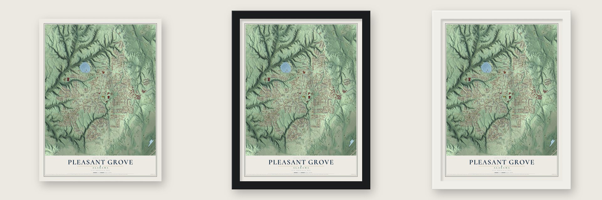 Pleasant Grove, Alabama map unframed, in a black wood frame and in a white wood frame