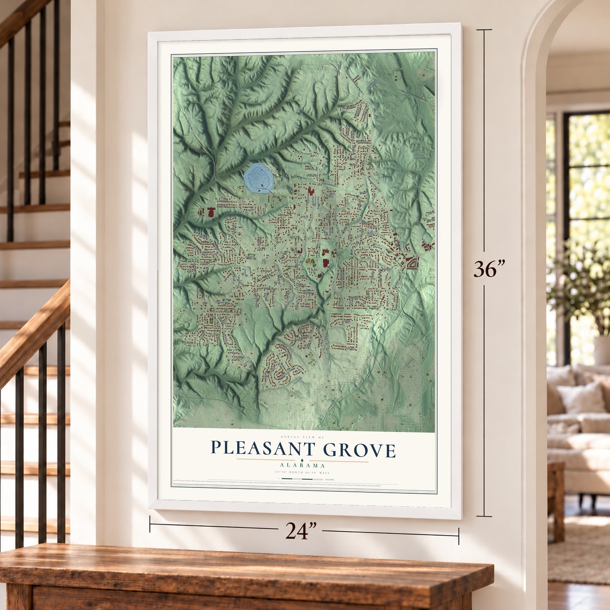 Pleasant Grove, Alabama map, 24 x 36 inch print in a white frame by a staircase