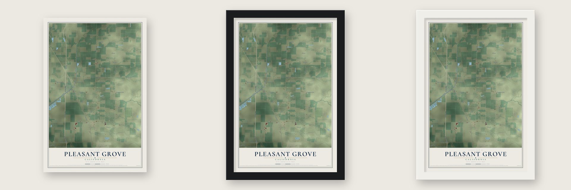 Pleasant Grove, California map unframed, in a black wood frame and in a white wood frame