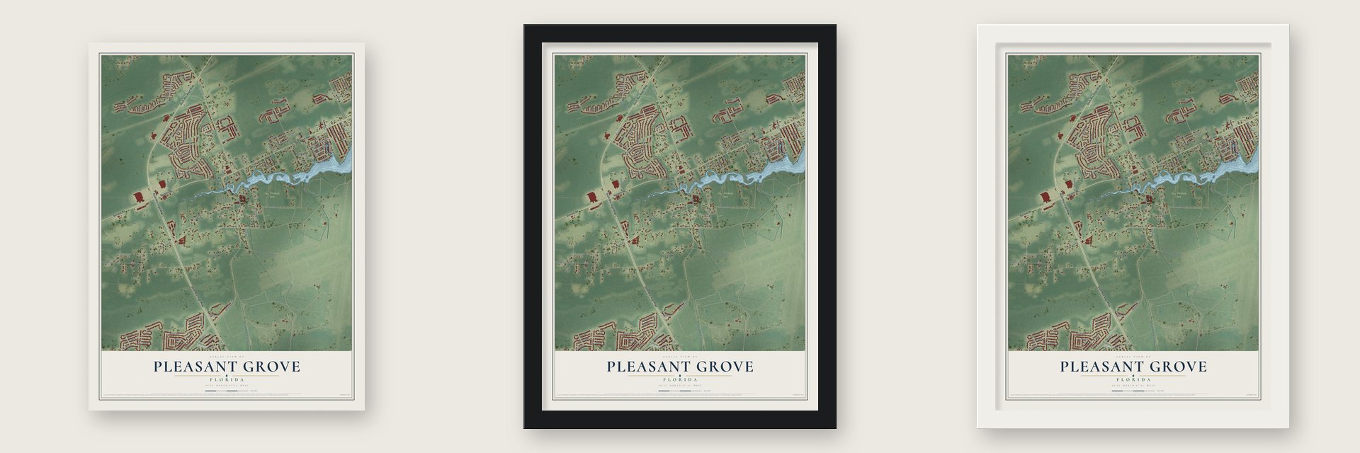 Pleasant Grove, Florida map unframed, in a black wood frame and in a white wood frame