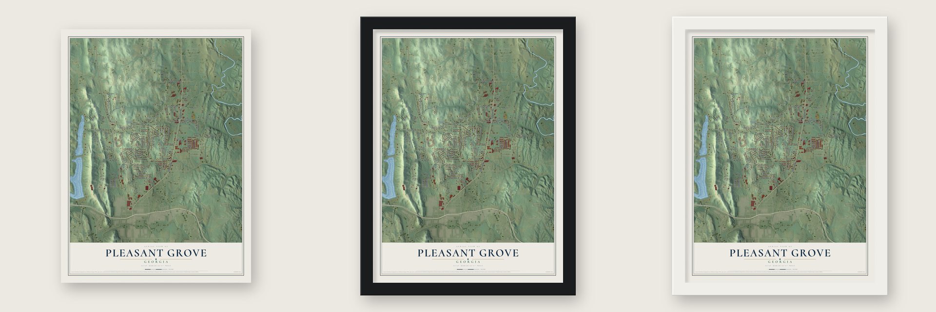 Pleasant Grove, Georgia map unframed, in a black wood frame and in a white wood frame