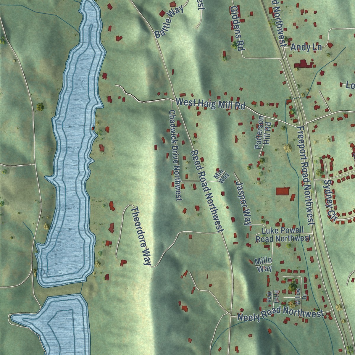 Second close-up of the map of Pleasant Grove, Georgia print showing more streets and buildings