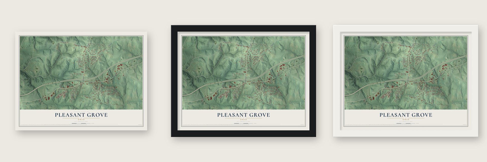 Pleasant Grove, Ohio map unframed, in a black wood frame and in a white wood frame