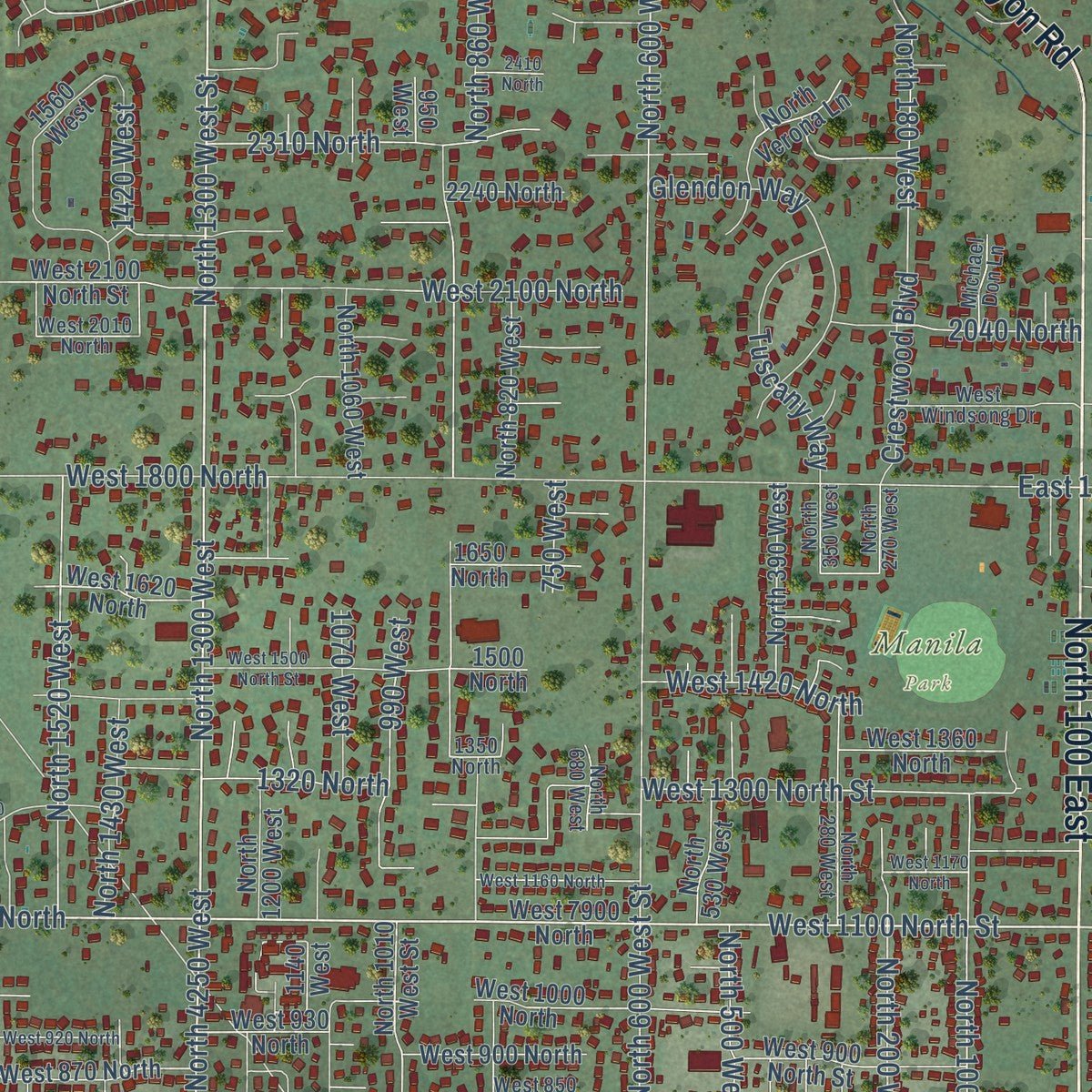 Second close-up of the map of Pleasant Grove, Utah print showing more streets and buildings