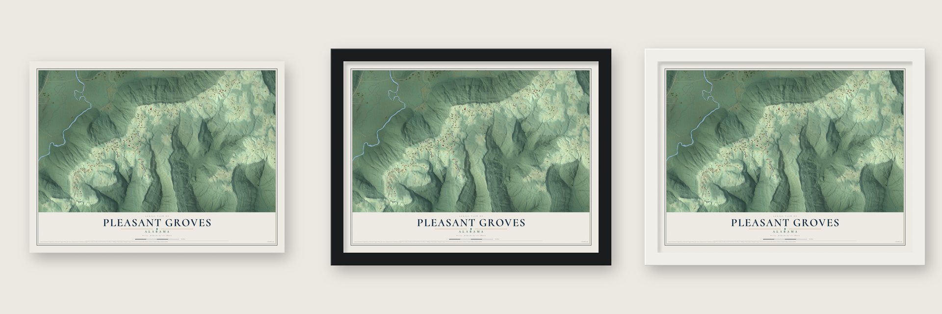 Pleasant Groves, Alabama map unframed, in a black wood frame and in a white wood frame