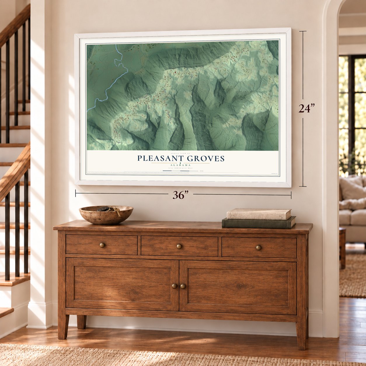 Pleasant Groves, Alabama map, 24 x 36 inch print in a white frame above a dresser by a staircase