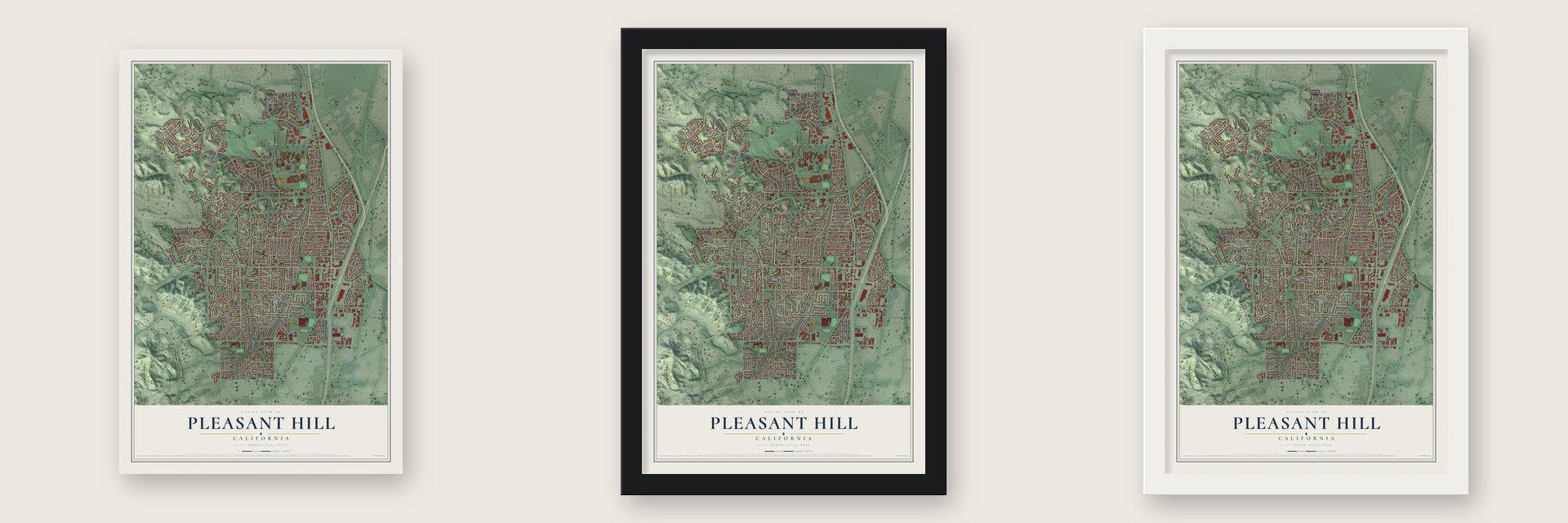 Pleasant Hill, California map unframed, in a black wood frame and in a white wood frame