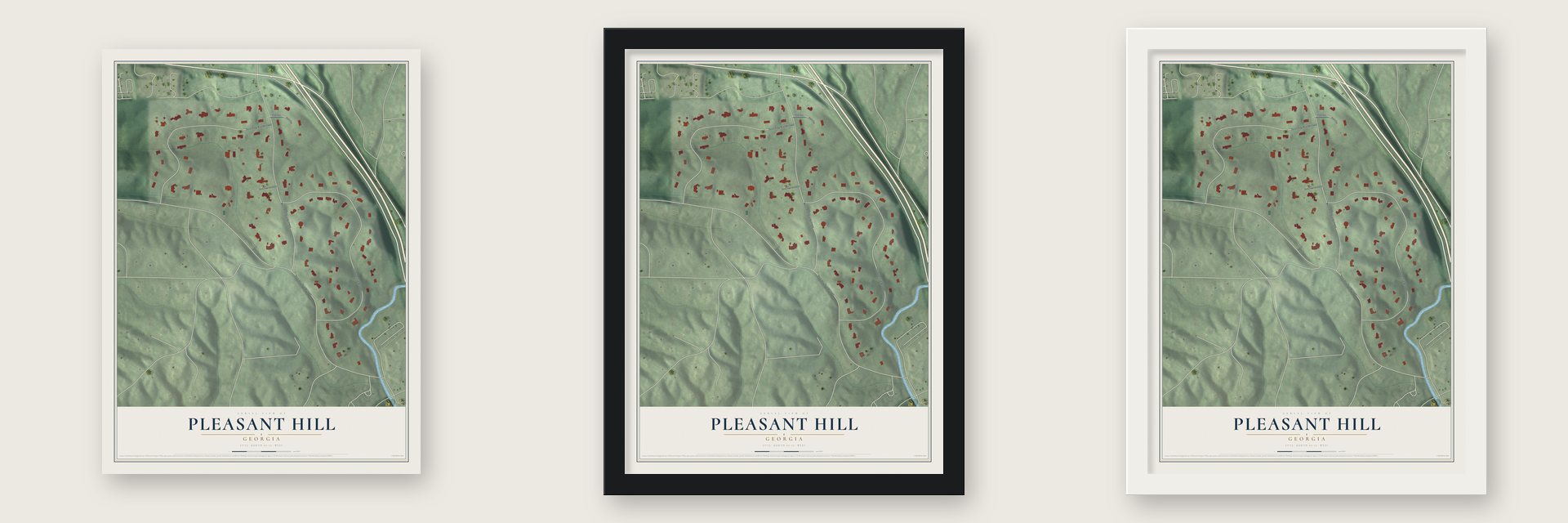 Pleasant Hill, Georgia map unframed, in a black wood frame and in a white wood frame