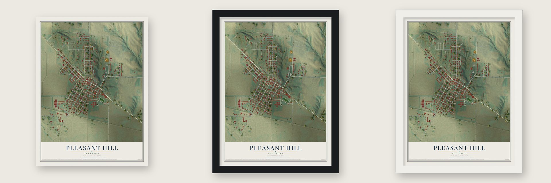 Pleasant Hill, Illinois map unframed, in a black wood frame and in a white wood frame