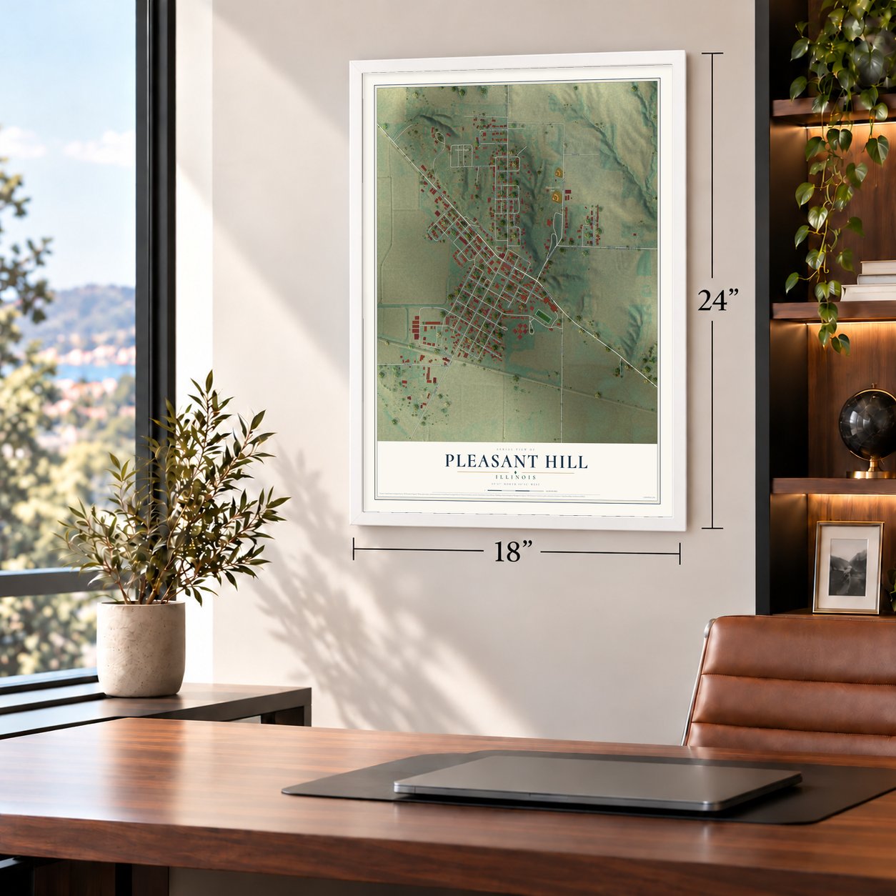 Pleasant Hill, Illinois map, 18 x 24 inch print in a white frame in a home office