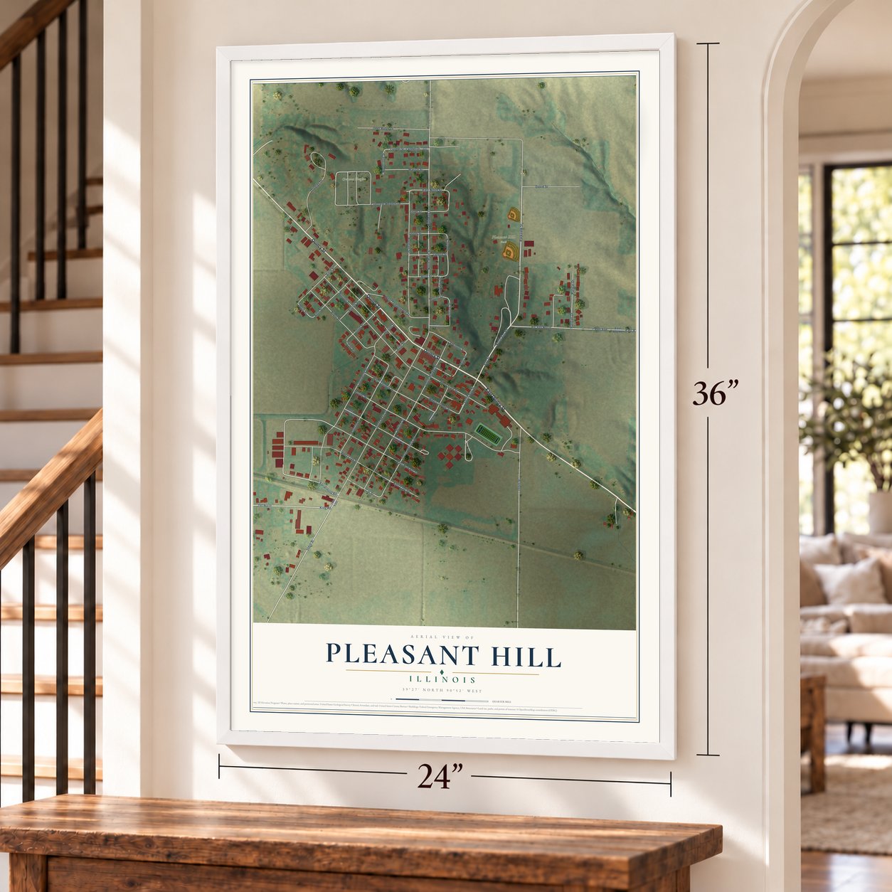 Pleasant Hill, Illinois map, 24 x 36 inch print in a white frame by a staircase