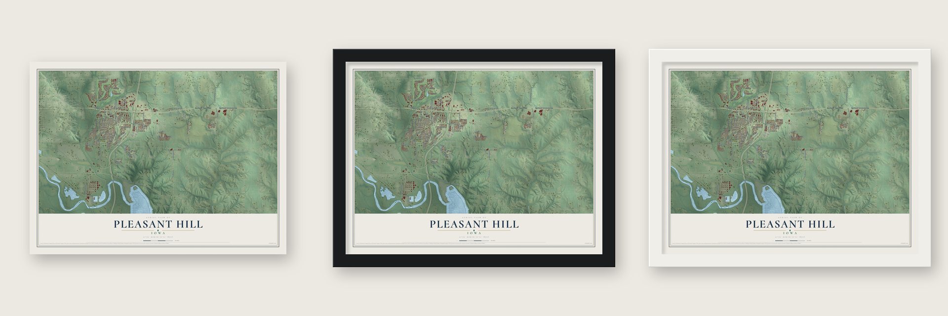 Pleasant Hill, Iowa map unframed, in a black wood frame and in a white wood frame