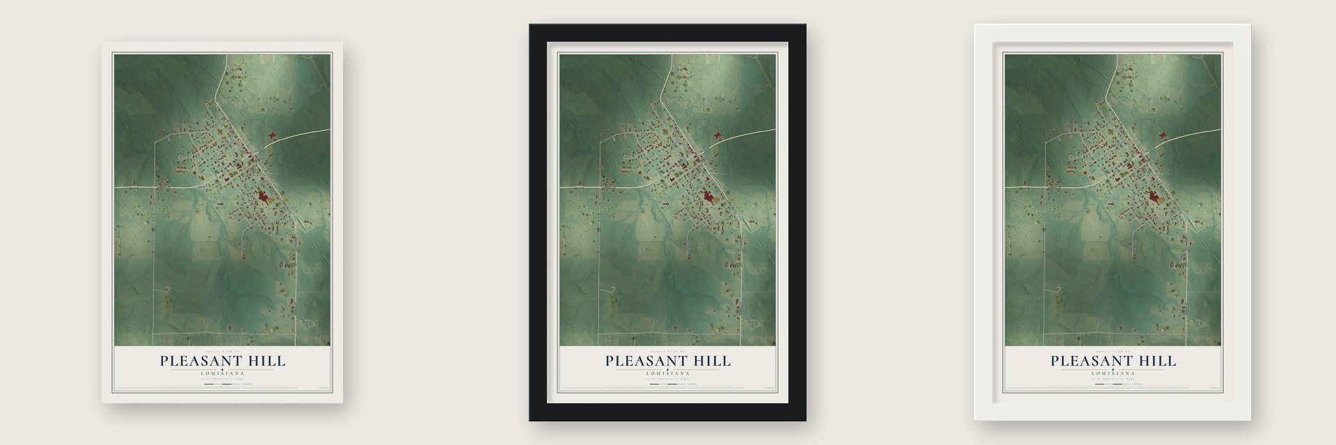 Pleasant Hill, Louisiana map unframed, in a black wood frame and in a white wood frame