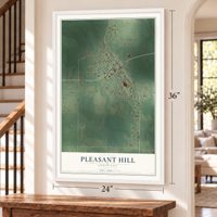 Pleasant Hill, Louisiana map, 24 x 36 inch print in a white frame by a staircase