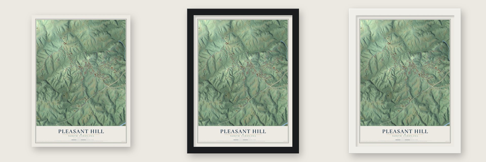 Pleasant Hill, North Carolina map unframed, in a black wood frame and in a white wood frame