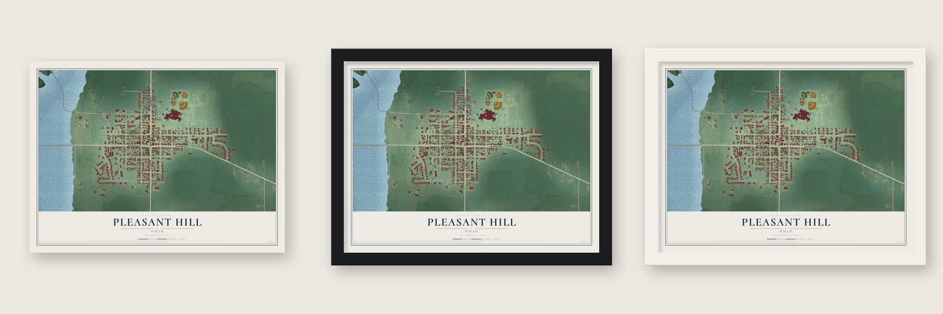 Pleasant Hill, Ohio map unframed, in a black wood frame and in a white wood frame