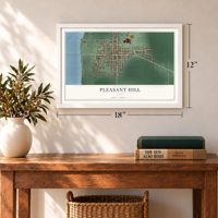 Pleasant Hill, Ohio map, 12 x 18 inch print in a white frame in an entryway
