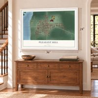 Pleasant Hill, Ohio map, 24 x 36 inch print in a white frame above a dresser by a staircase