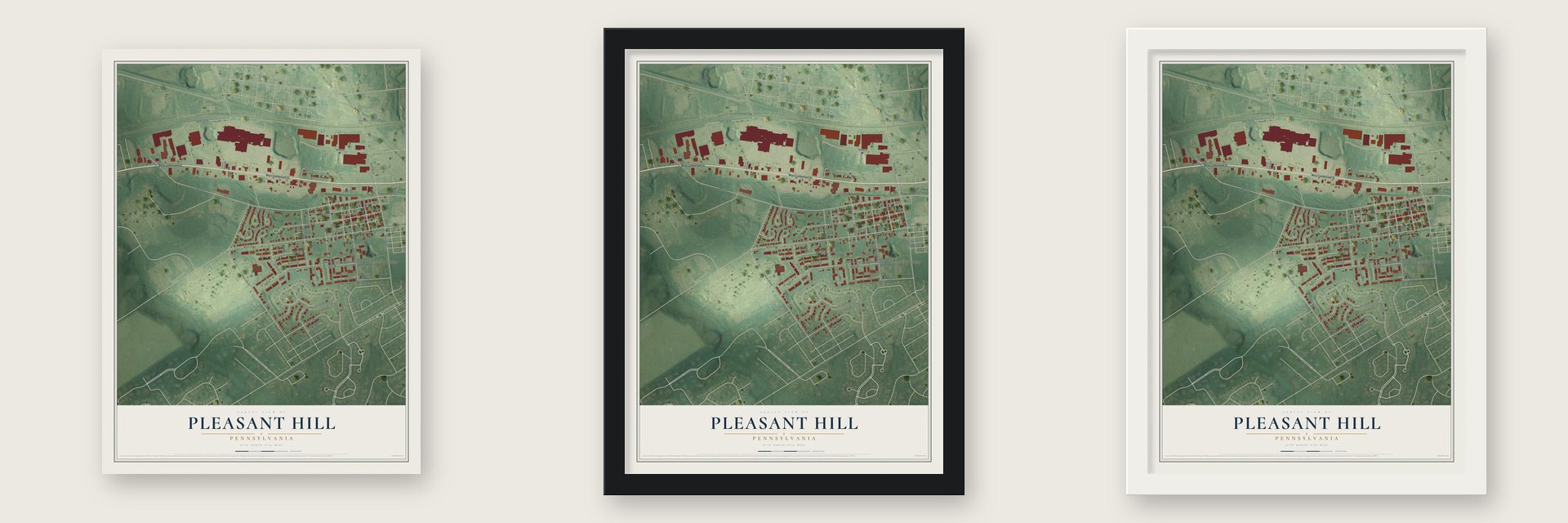 Pleasant Hill, Pennsylvania map unframed, in a black wood frame and in a white wood frame