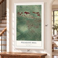 Pleasant Hill, Pennsylvania map, 24 x 36 inch print in a white frame by a staircase