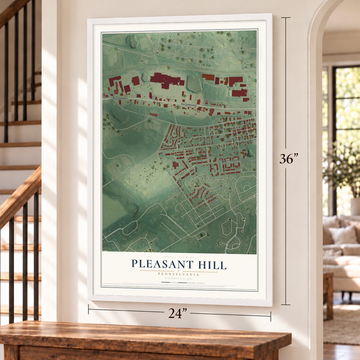 Pleasant Hill, Pennsylvania map, 24 x 36 inch print in a white frame by a staircase