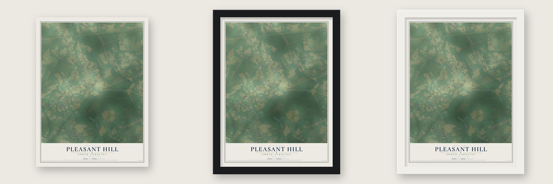 Pleasant Hill, South Carolina map unframed, in a black wood frame and in a white wood frame