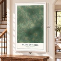 Pleasant Hill, South Carolina map, 24 x 36 inch print in a white frame by a staircase