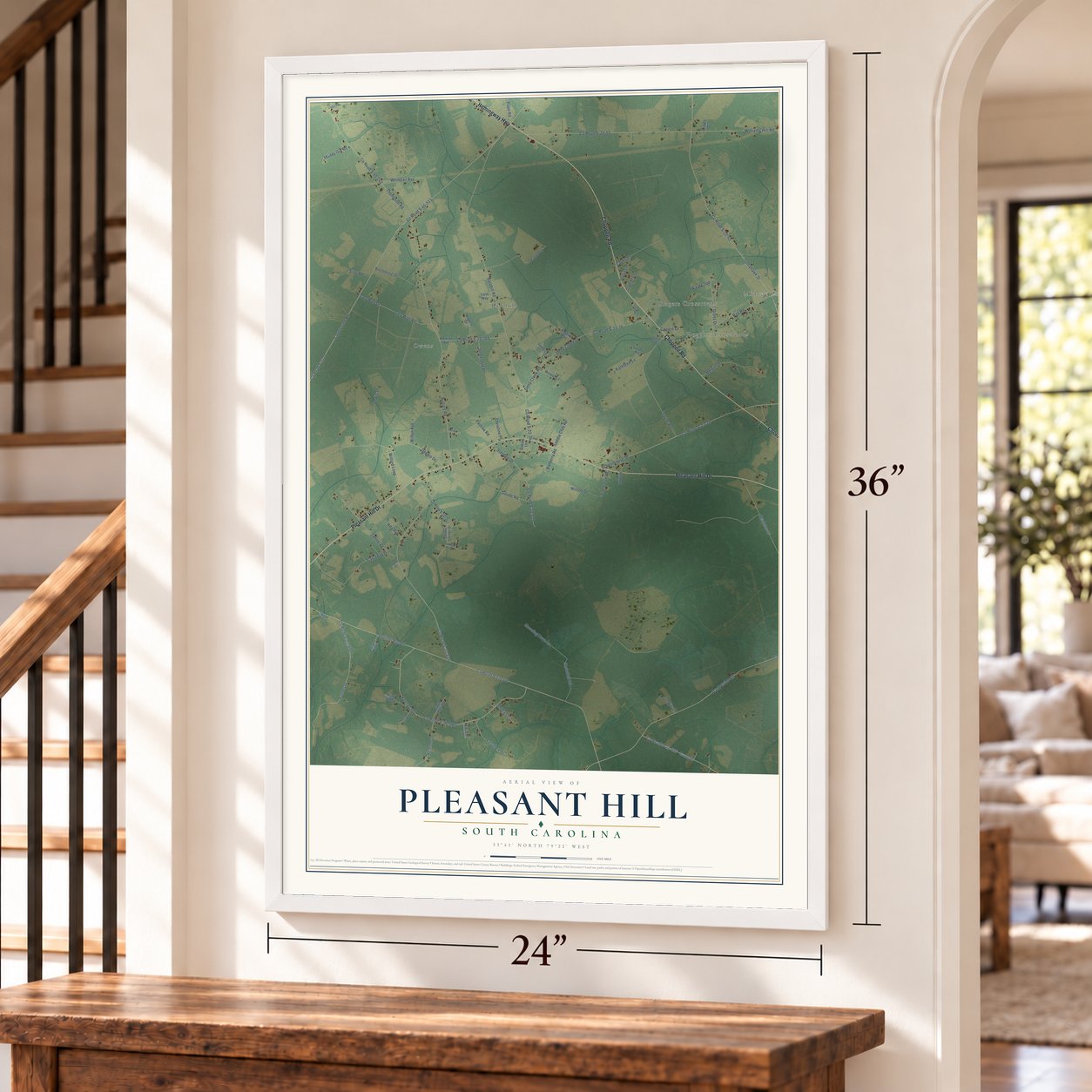 Pleasant Hill, South Carolina map, 24 x 36 inch print in a white frame by a staircase