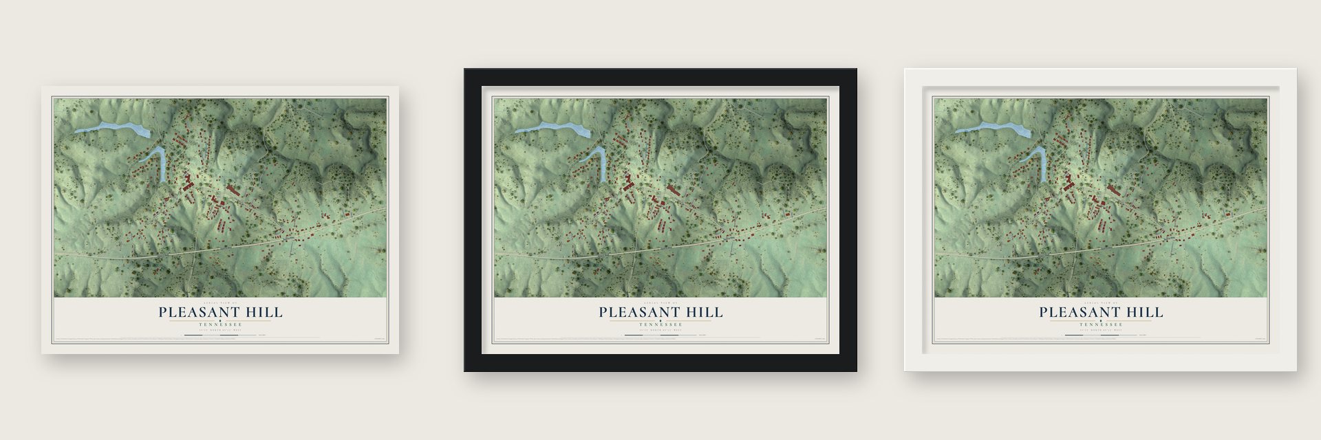 Pleasant Hill, Tennessee map unframed, in a black wood frame and in a white wood frame