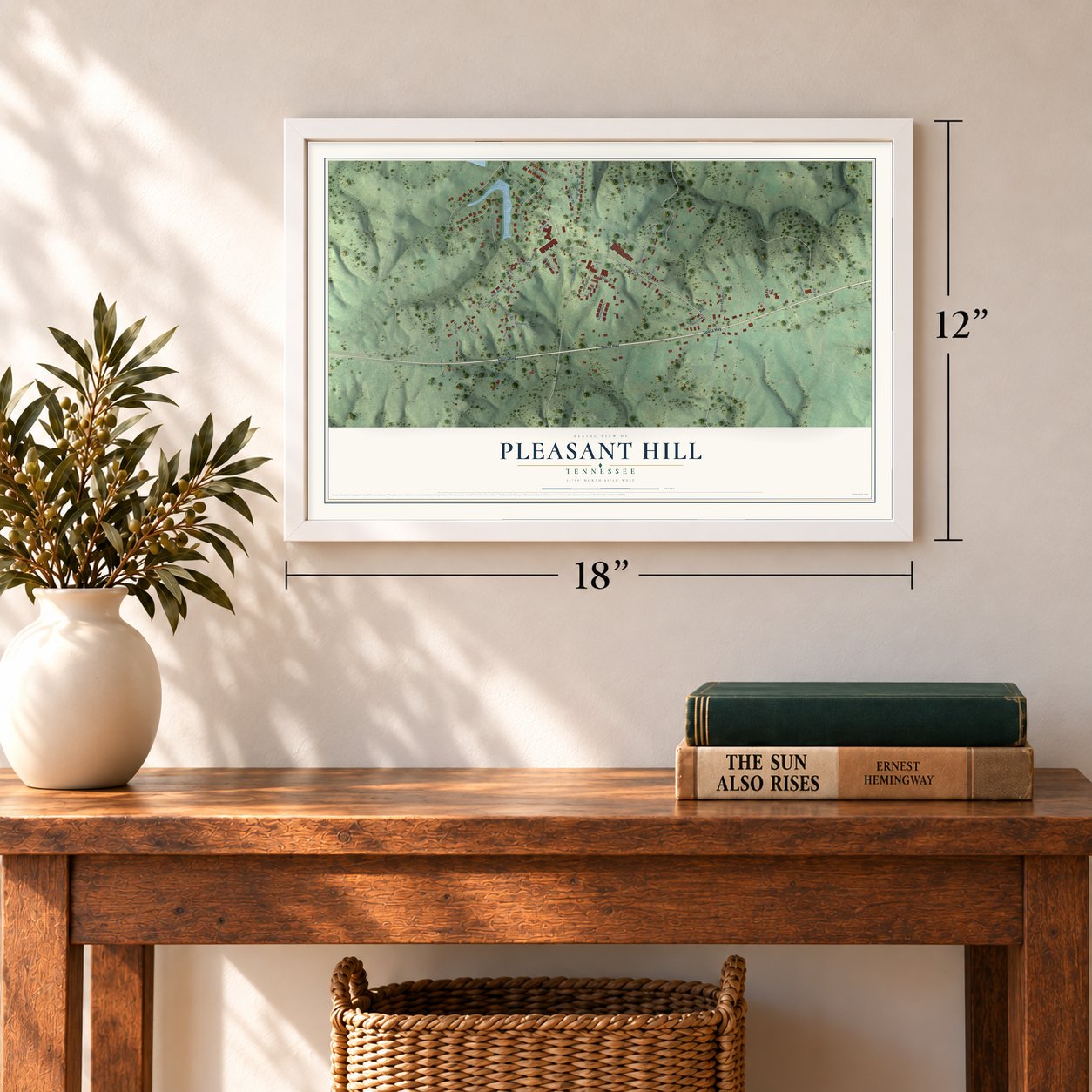 Pleasant Hill, Tennessee map, 12 x 18 inch print in a white frame in an entryway