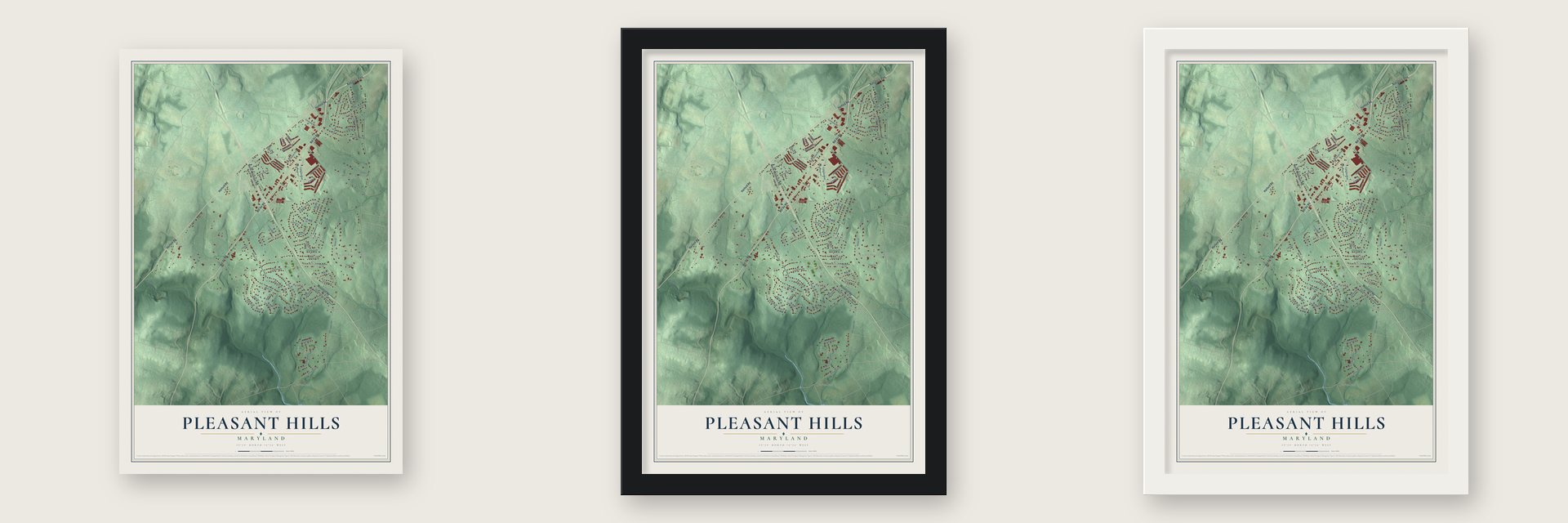Pleasant Hills, Maryland map unframed, in a black wood frame and in a white wood frame