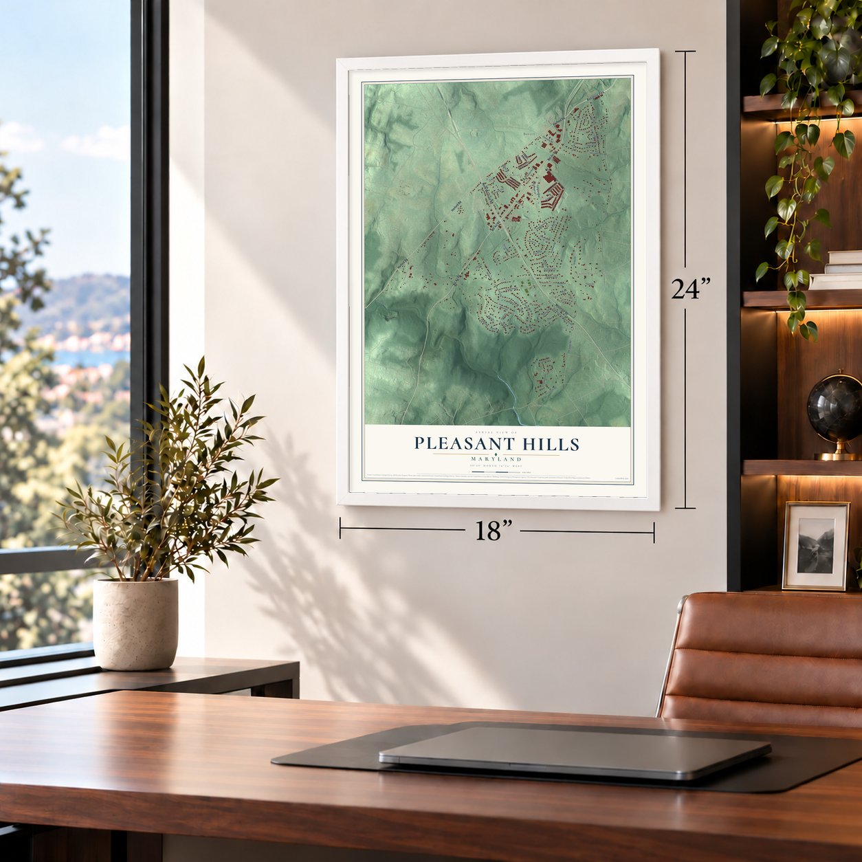 Pleasant Hills, Maryland map, 18 x 24 inch print in a white frame in a home office