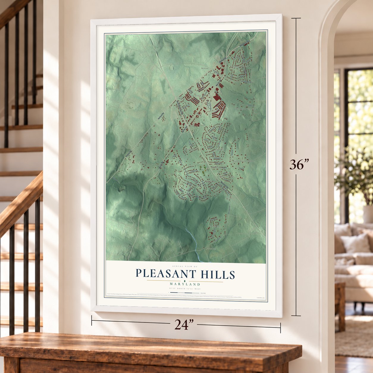 Pleasant Hills, Maryland map, 24 x 36 inch print in a white frame by a staircase
