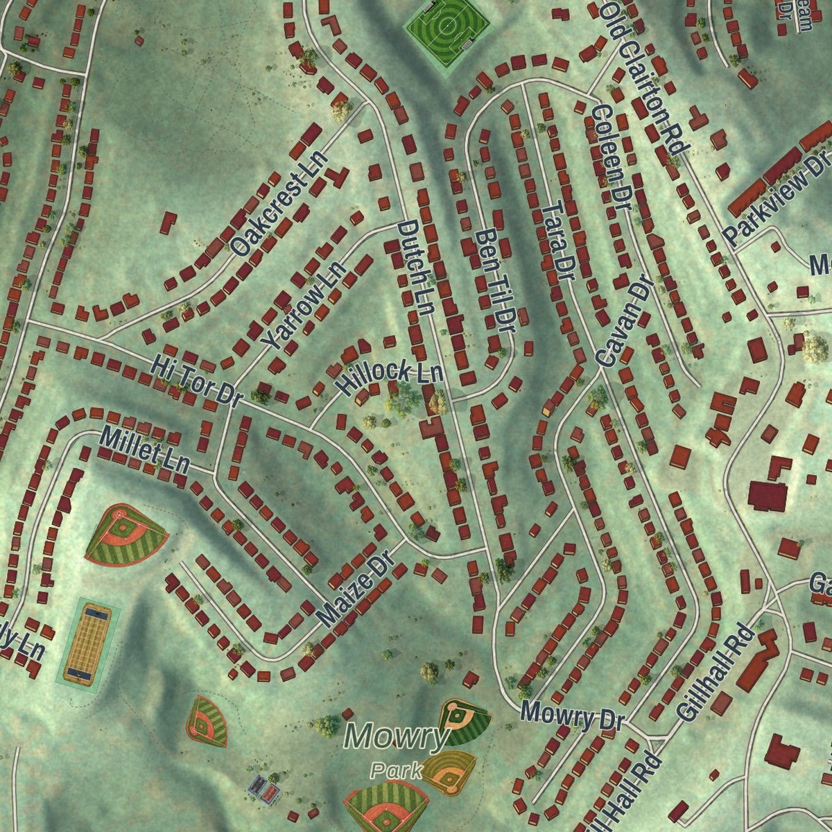 Second close-up of the map of Pleasant Hills, Pennsylvania print showing more streets and buildings