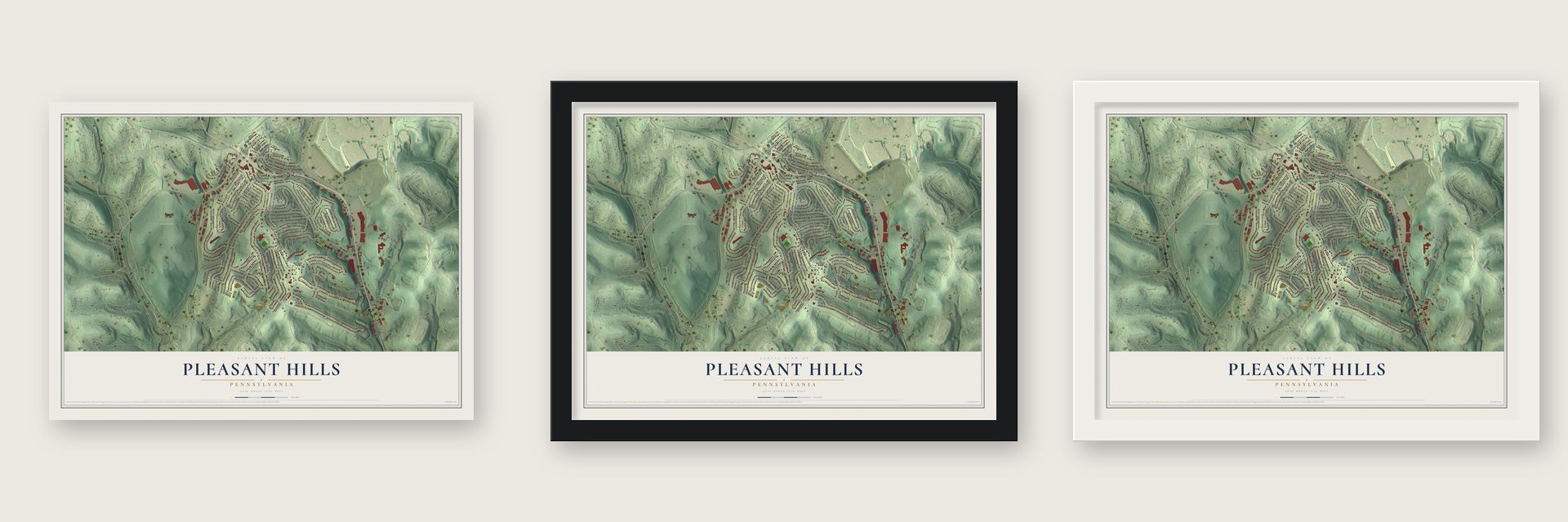 Pleasant Hills, Pennsylvania map unframed, in a black wood frame and in a white wood frame