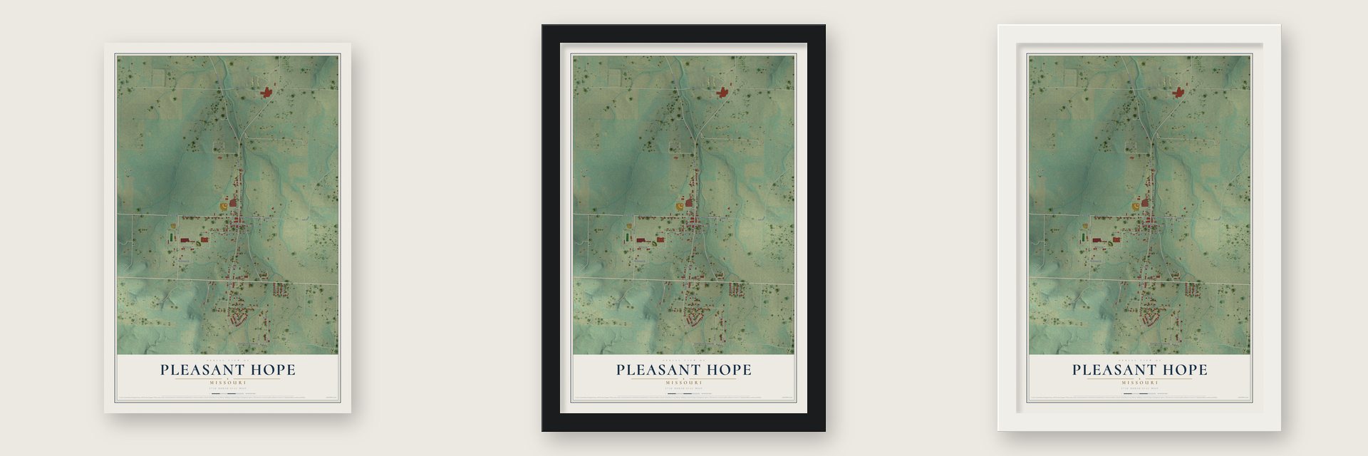 Pleasant Hope, Missouri map unframed, in a black wood frame and in a white wood frame