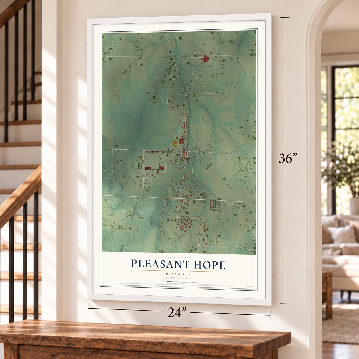 Pleasant Hope, Missouri map, 24 x 36 inch print in a white frame by a staircase