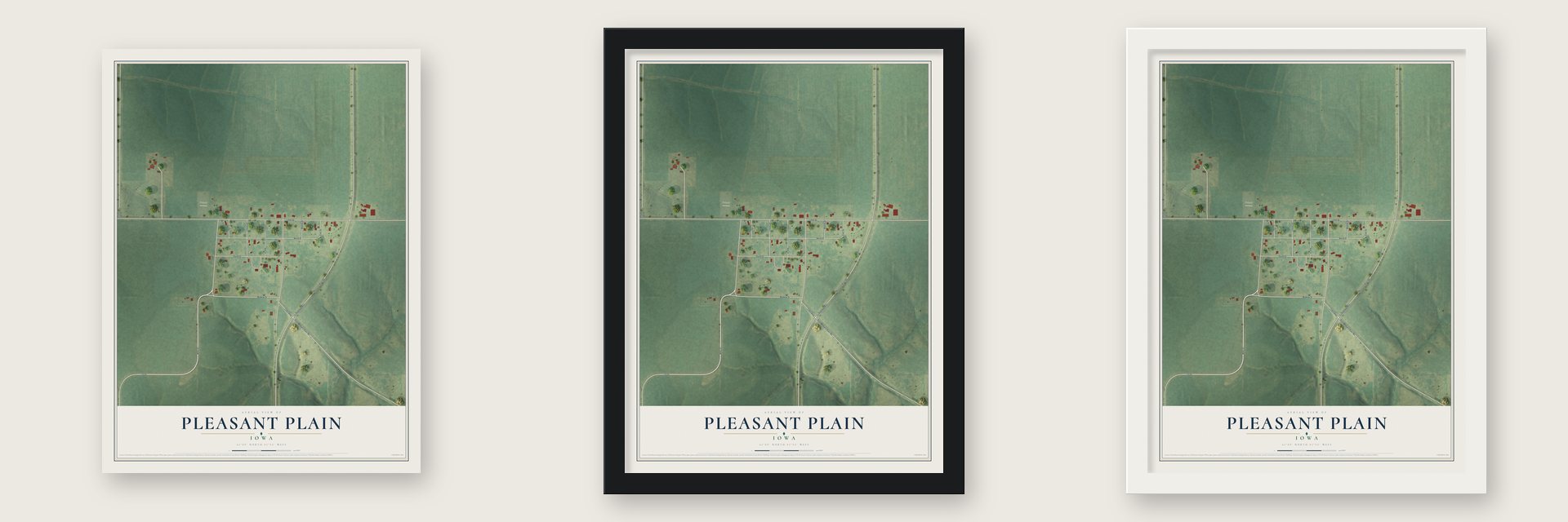 Pleasant Plain, Iowa map unframed, in a black wood frame and in a white wood frame