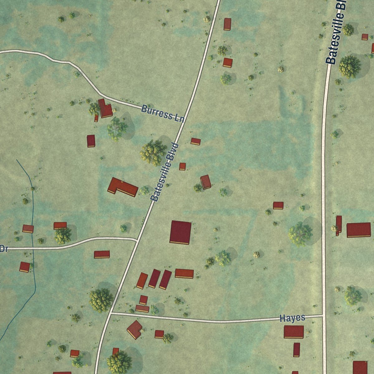 Second close-up of the map of Pleasant Plains, Arkansas print showing more streets and buildings