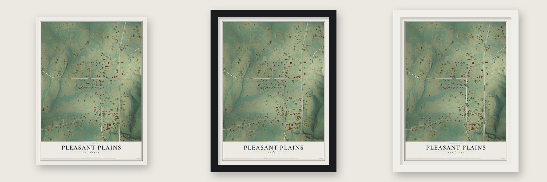 Pleasant Plains, Arkansas map unframed, in a black wood frame and in a white wood frame