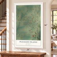 Pleasant Plains, Arkansas map, 24 x 36 inch print in a white frame by a staircase