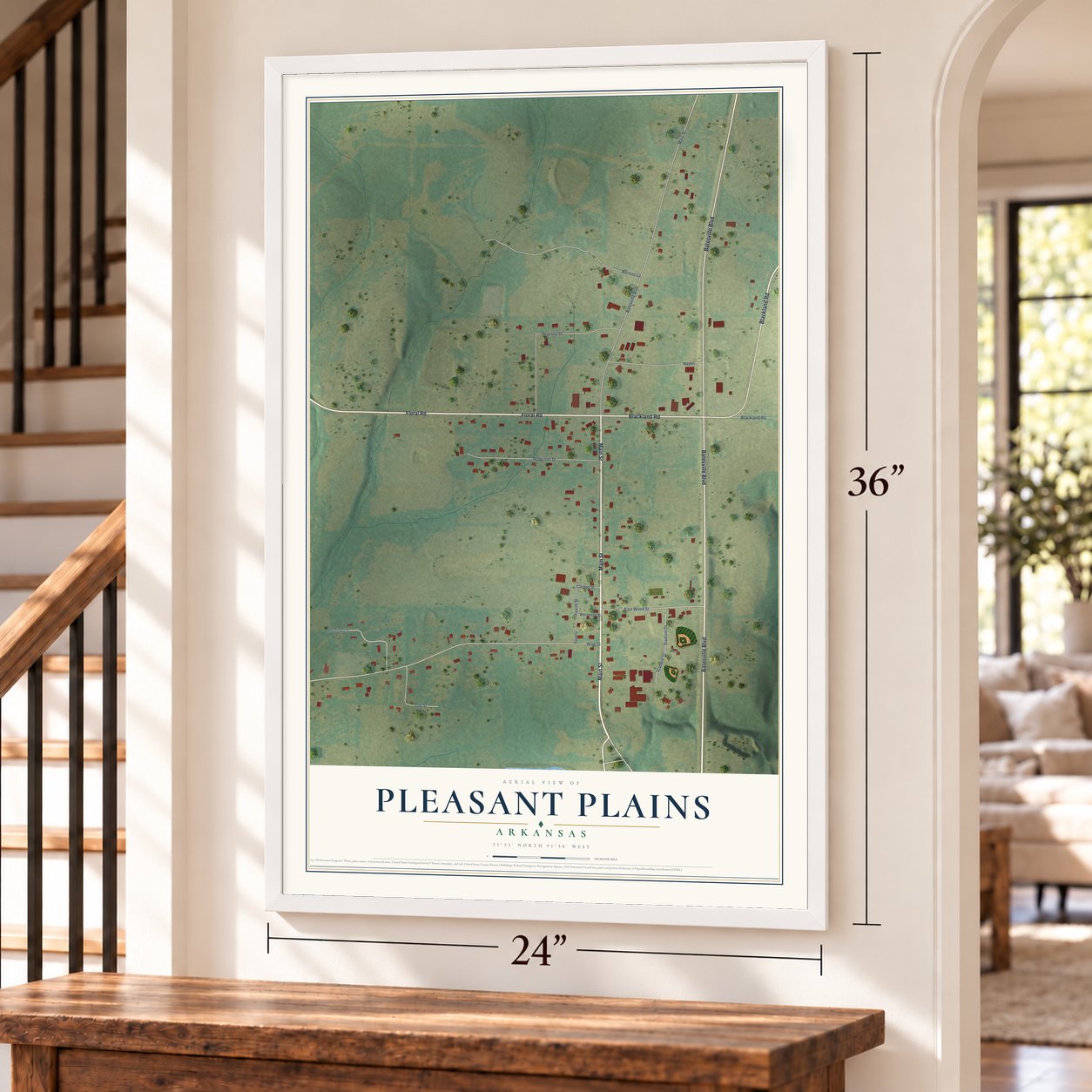 Pleasant Plains, Arkansas map, 24 x 36 inch print in a white frame by a staircase
