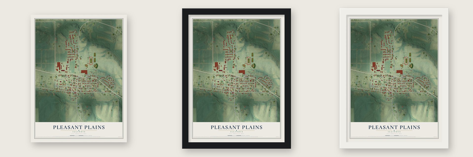 Pleasant Plains, Illinois map unframed, in a black wood frame and in a white wood frame